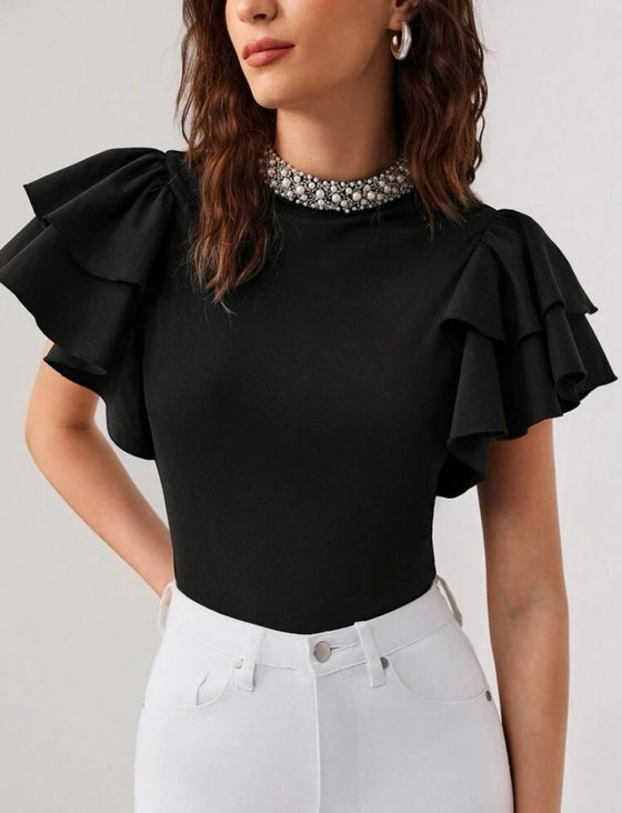 Rhinestone Detail Ruffle Butterfly Sleeve Tee