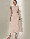 Women's Solid Color Stand Collar Pleated Sleeveless Dress