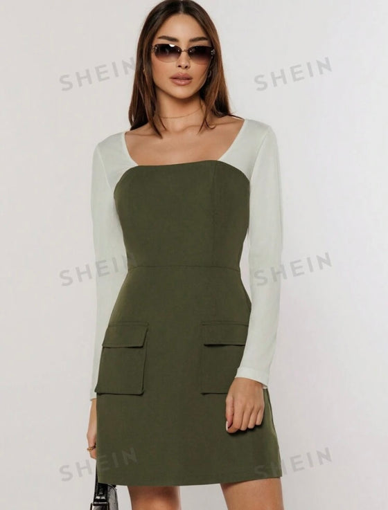 Color Block Cargo Pocket Dress