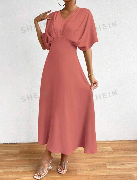 Solid Batwing Sleeve A-Line Dress