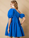 Asymmetrical Neck Puff Sleeve Ruffle Hem Smock Dress