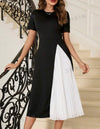 Color Block Short Sleeve Pleated Panel Dress