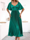 V-Neck Waist Cinched Elegant Ruffle Short Sleeve Pleated Dress