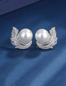  1pair Cz Rhinestone, Feather, Pearl, Deluxe Design, Light Luxury, French Vintage Style Earrings