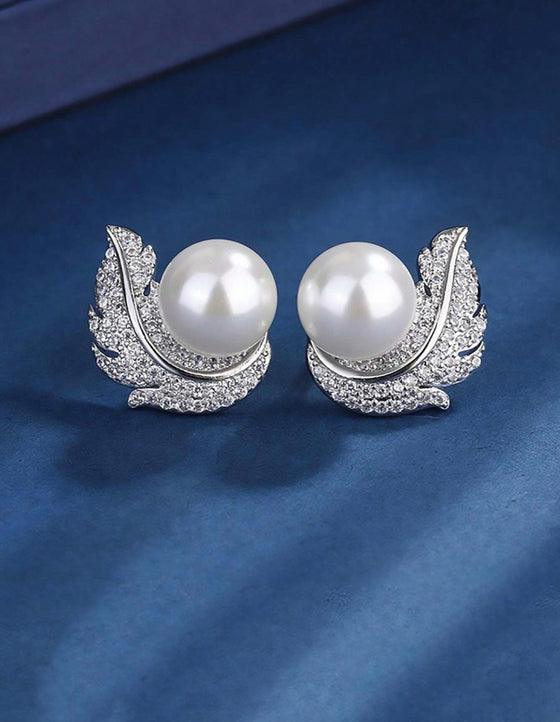 1pair Cz Rhinestone, Feather, Pearl, Deluxe Design, Light Luxury, French Vintage Style Earrings