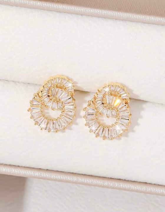 1pair Fashionable Sparkling Double Circle & Cubic Zirconia Decor Copper Earrings