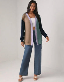  Color Block Drop Shoulder Belted Coat