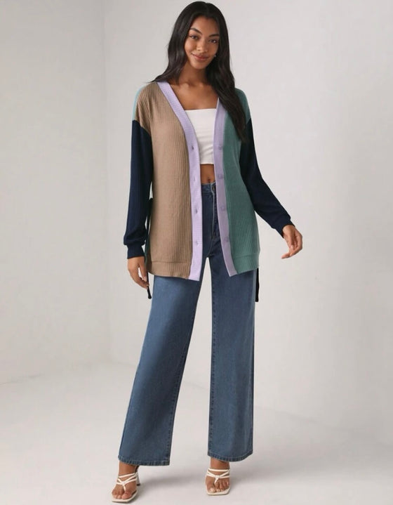 Color Block Drop Shoulder Belted Coat