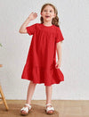 Solid Color Loose Fit Dress With Ruffle Hem, Suitable For Young Girls In Spring And Summer