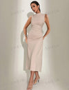 Women's Solid Color Stand Collar Pleated Sleeveless Dress