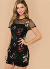 Random flower embroidered sheer mesh yoke dress