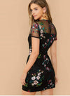 Random flower embroidered sheer mesh yoke dress