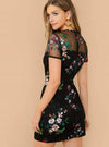 Random flower embroidered sheer mesh yoke dress