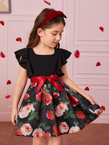  Toddler Girls 1pc Floral Print Ruffle Trim Belted Dress