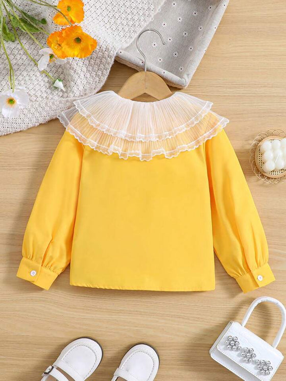 Young Girl Mesh Shirt In Contrast Trim With Ruches With Front Button