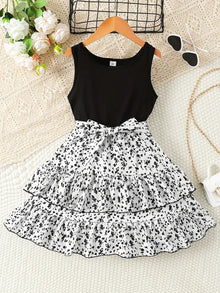  Girls Casual Bohemian Style Dress, Splicing Sleeveless Stitching Ruffled Floral Print Dress For Summer