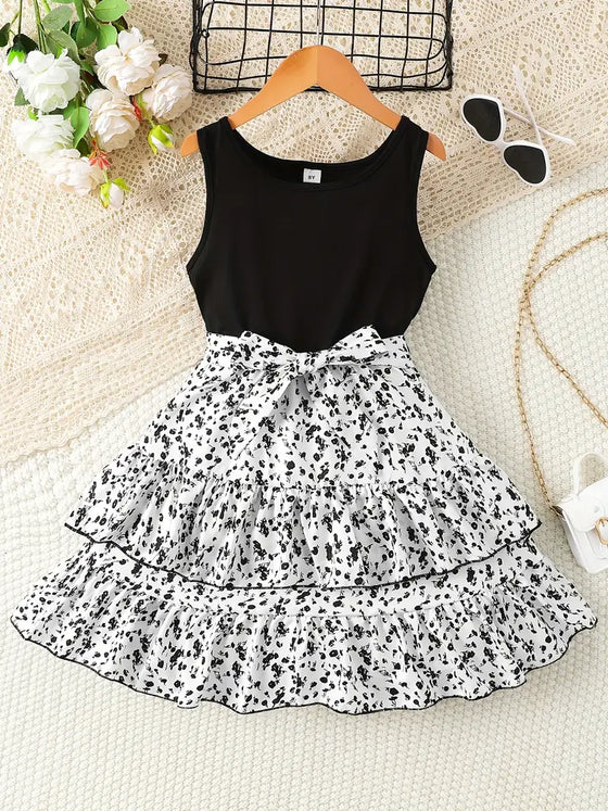 Girls Casual Bohemian Style Dress, Splicing Sleeveless Stitching Ruffled Floral Print Dress For Summer