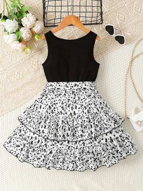 Girls Casual Bohemian Style Dress, Splicing Sleeveless Stitching Ruffled Floral Print Dress For Summer