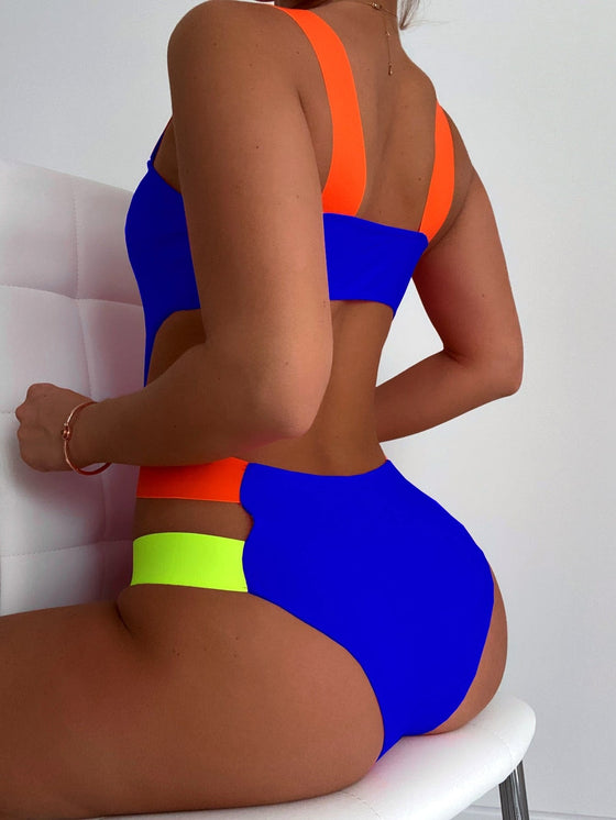 Color Block Cut Out One Piece Swimsuit