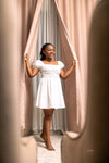 PETITE Puff Sleeve Shirred Waist Square Neck Dress