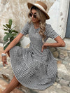 Gingham Puff Sleeve Ruffle Hem Smock Dress