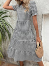 Gingham Puff Sleeve Ruffle Hem Smock Dress