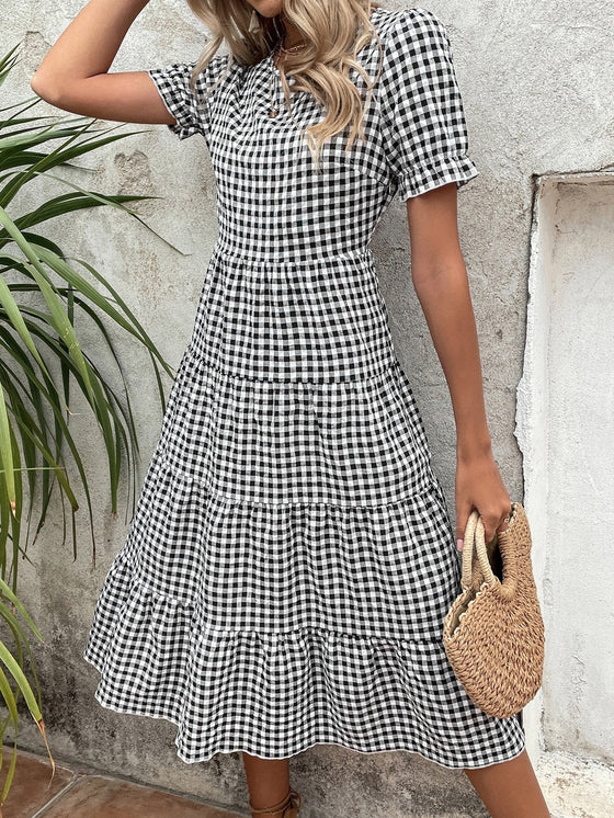 Gingham Puff Sleeve Ruffle Hem Smock Dress