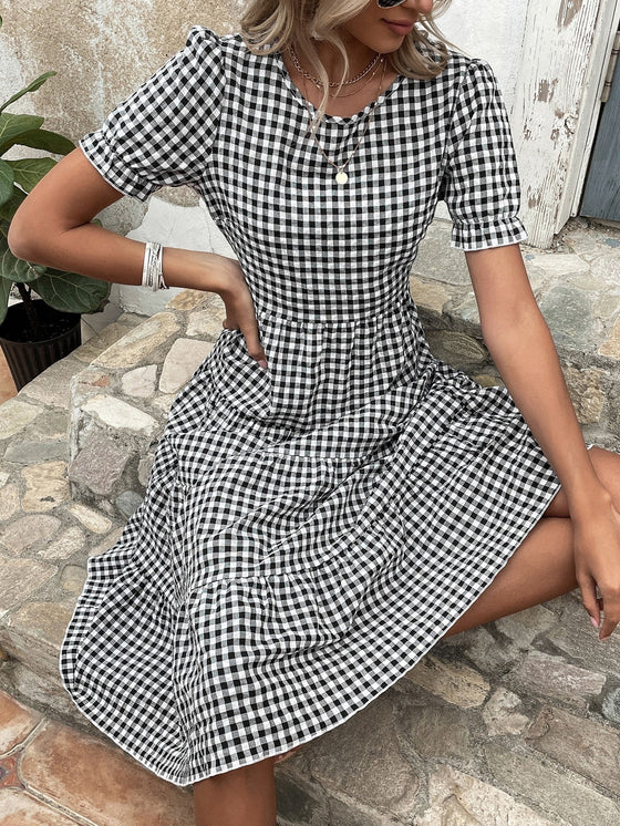 Gingham Puff Sleeve Ruffle Hem Smock Dress