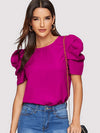 Pleated Puff Sleeve Solid Top