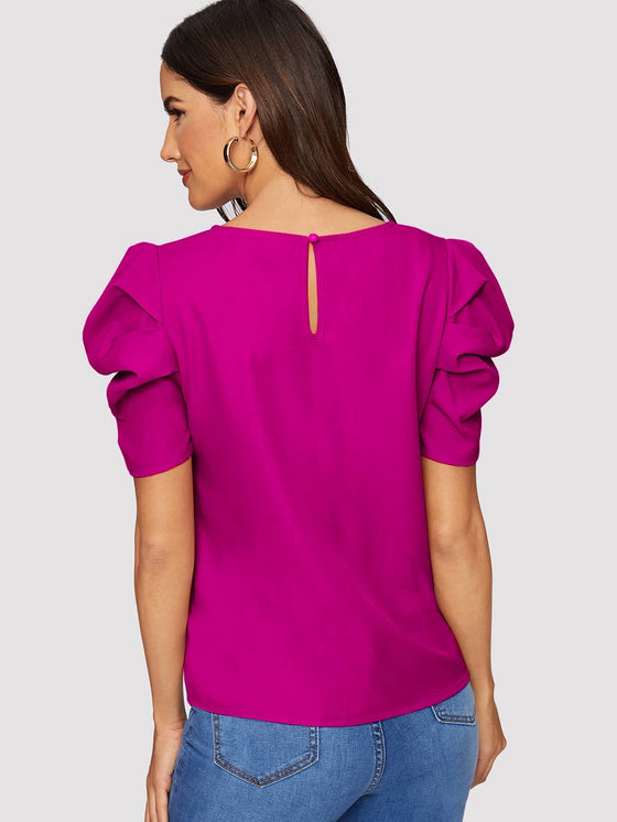 Pleated Puff Sleeve Solid Top