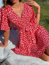 Unity Ditsy Floral Flutter Sleeve Overlap Collar Belted Dress