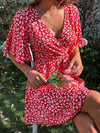 Unity Ditsy Floral Flutter Sleeve Overlap Collar Belted Dress