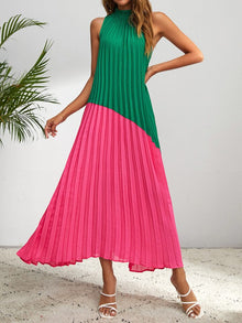  Two Tone Frilled Neck Pleated Tank Dres