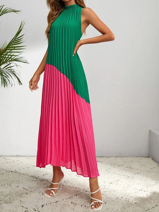 Two Tone Frilled Neck Pleated Tank Dres