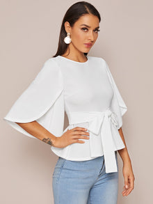  SPLIT SLEEVE BELTED PEPLUM TOP