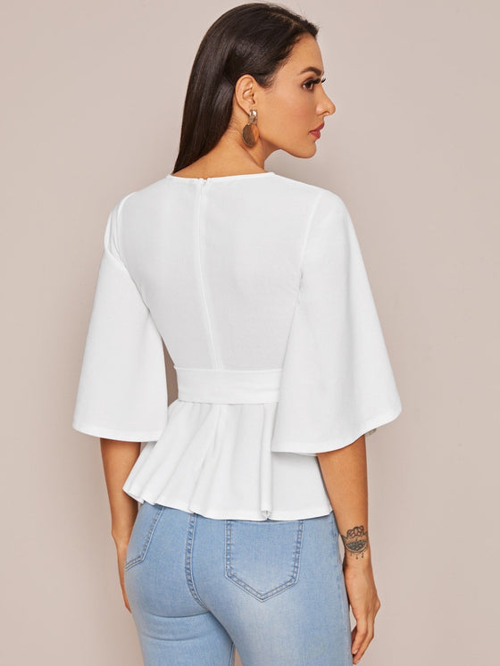 SPLIT SLEEVE BELTED PEPLUM TOP