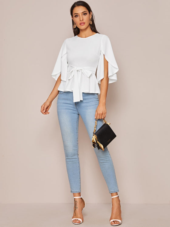 SPLIT SLEEVE BELTED PEPLUM TOP