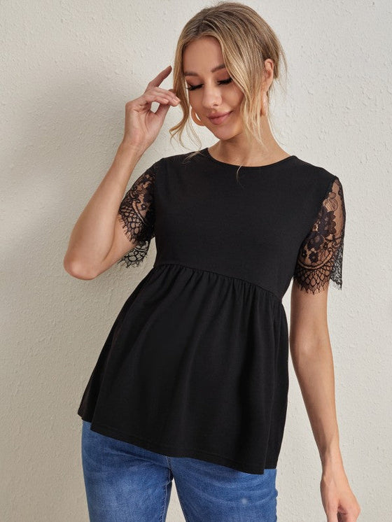 Maternity Lace Sleeve Ruffle Hem Top