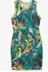 Marble Sheer Mesh Mini Bodycon Dress Sleeveless Frill Round Neck Short Dresses