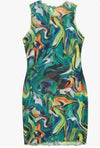 Marble Sheer Mesh Mini Bodycon Dress Sleeveless Frill Round Neck Short Dresses