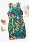 Marble Sheer Mesh Mini Bodycon Dress Sleeveless Frill Round Neck Short Dresses