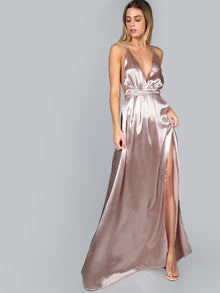  Cross Back High Split Satin Maxi Slip Dress