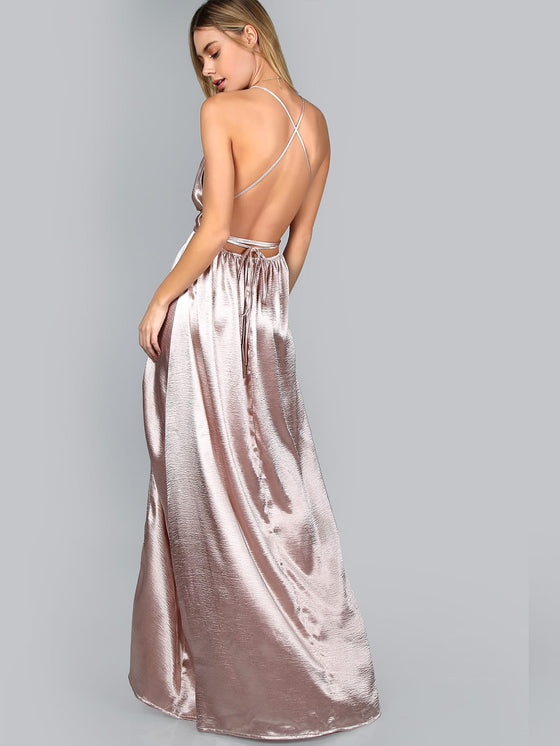 Cross Back High Split Satin Maxi Slip Dress