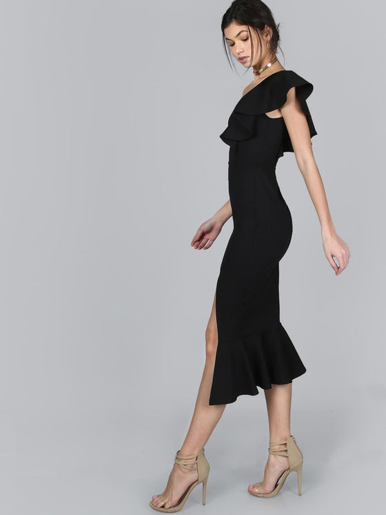 One Shoulder Slit Pep Hem Dress