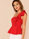 Ruffle Trim One Shoulder Peplum Top