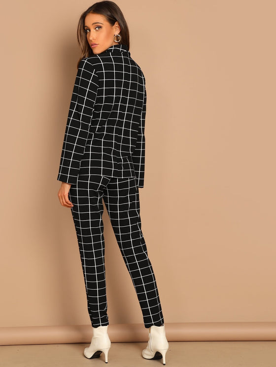 Grid Print Blazer Straight Leg Pants Set