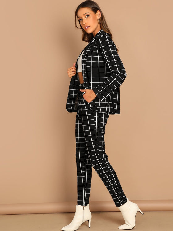 Grid Print Blazer Straight Leg Pants Set