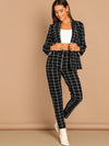 Grid Print Blazer Straight Leg Pants Set