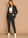 Grid Print Blazer Straight Leg Pants Set