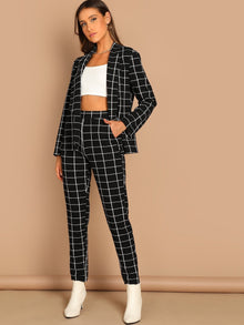  Grid Print Blazer Straight Leg Pants Set